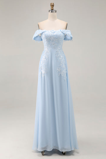 Elegant Sky Blue Sheath Off the Shoulder Chiffon Long Mother of the Bride with Appliques